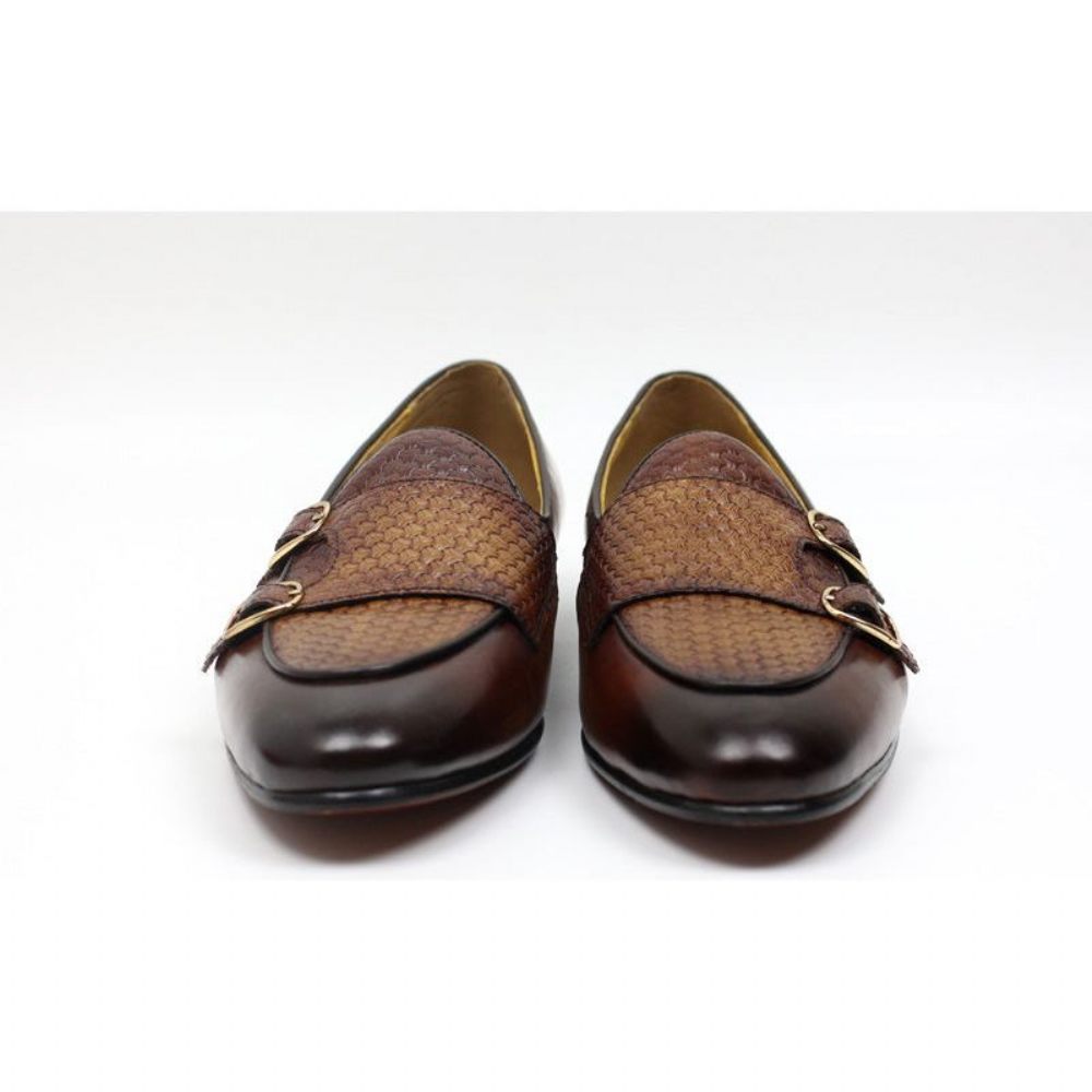 Mocassins Pour Hommes Mariage À Sangle Moine Cuir Suave - Café