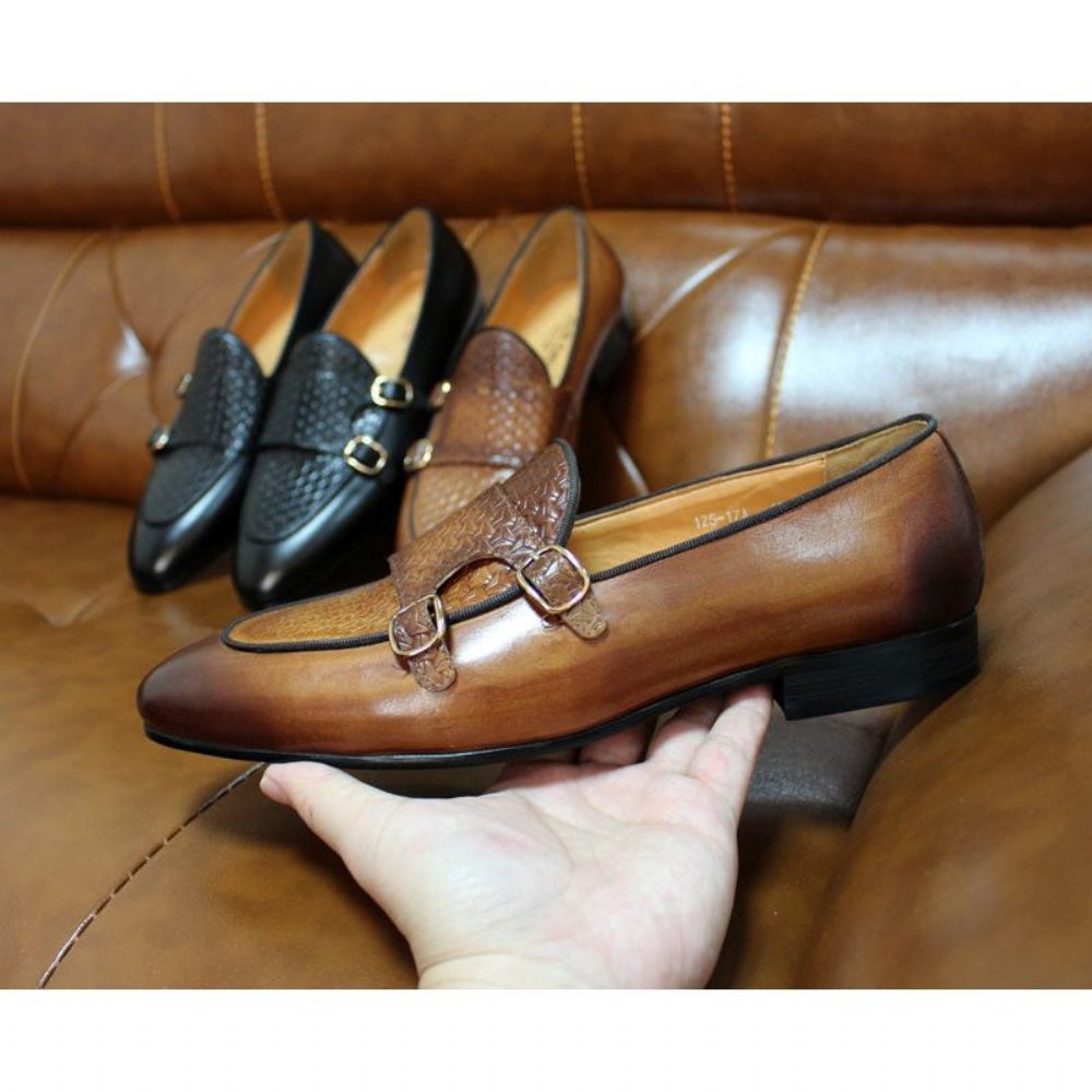 Mocassins Pour Hommes Mariage À Sangle Moine Cuir Suave - Café