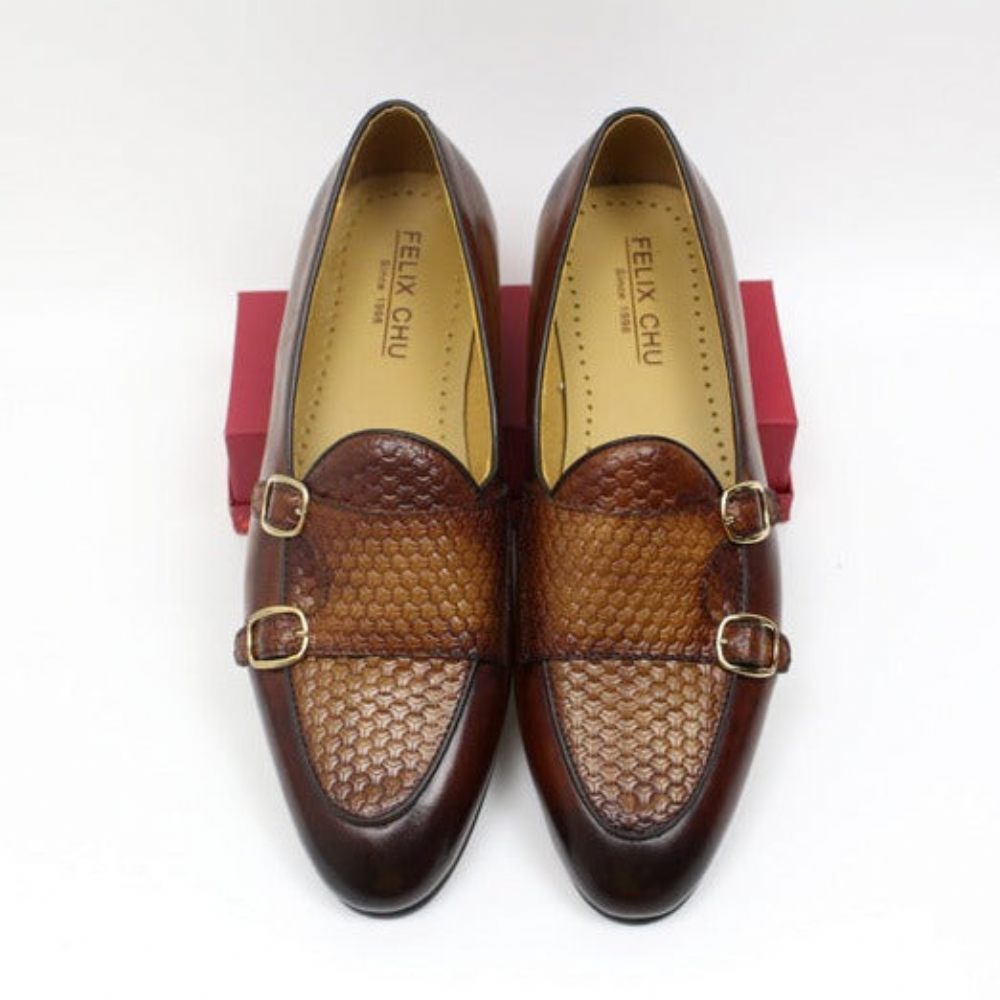 Mocassins Pour Hommes Mariage À Sangle Moine Cuir Suave - Café