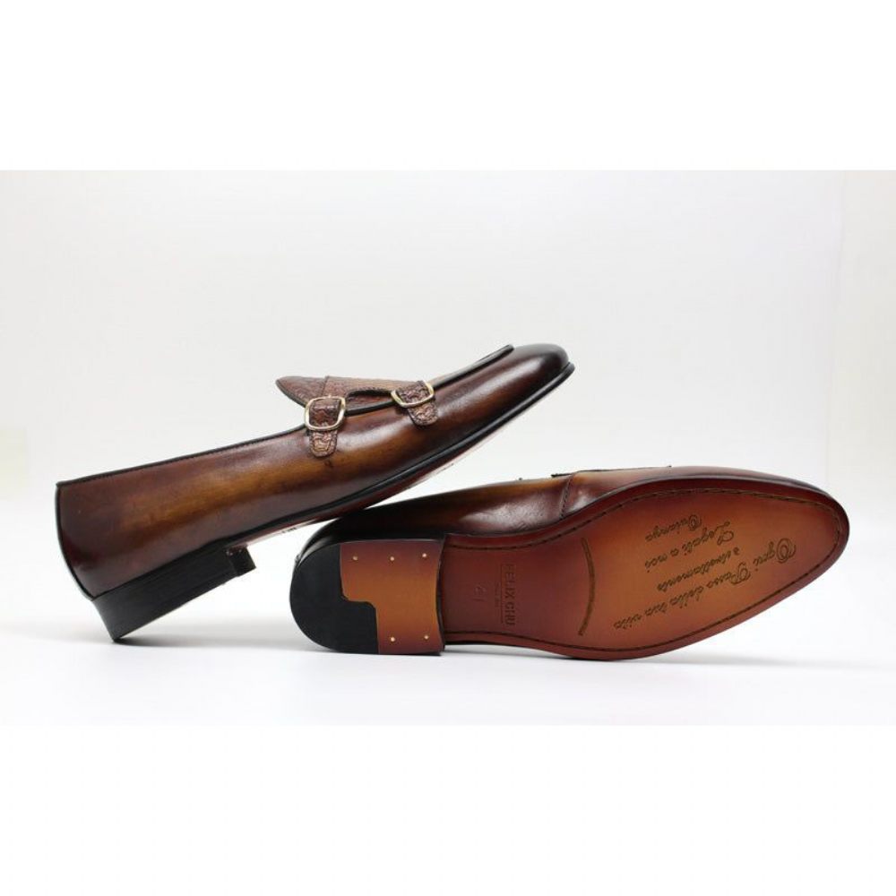 Mocassins Pour Hommes Mariage À Sangle Moine Cuir Suave - Café