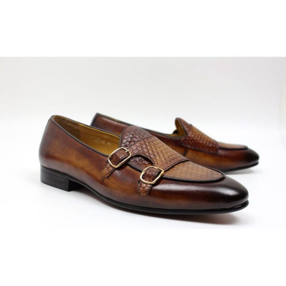 Mocassins Pour Hommes Mariage À Sangle Moine Cuir Suave - Café