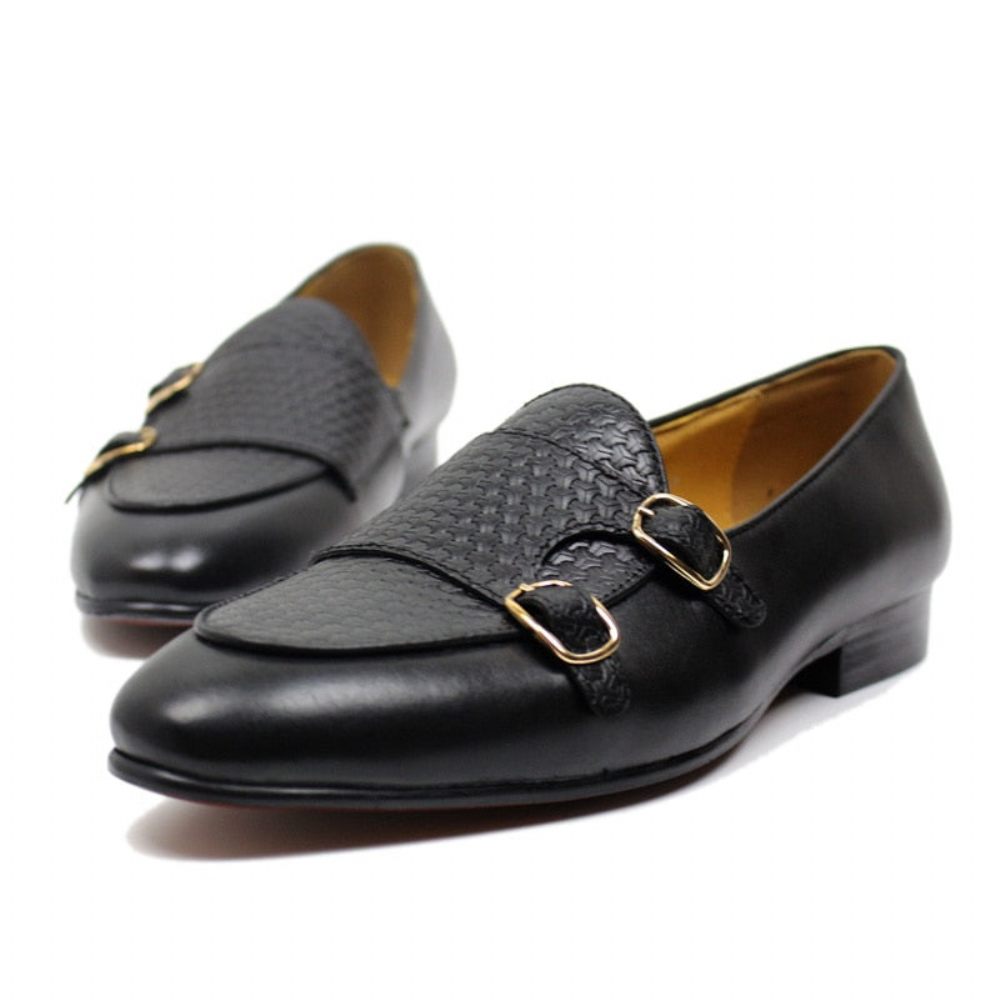 Mocassins Pour Hommes Mariage À Sangle Moine Cuir Suave - Noir