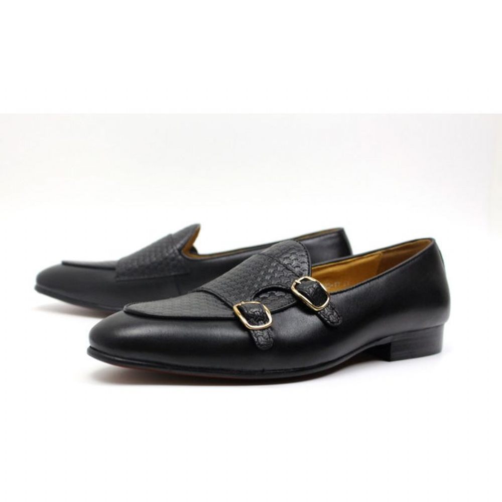 Mocassins Pour Hommes Mariage À Sangle Moine Cuir Suave - Noir