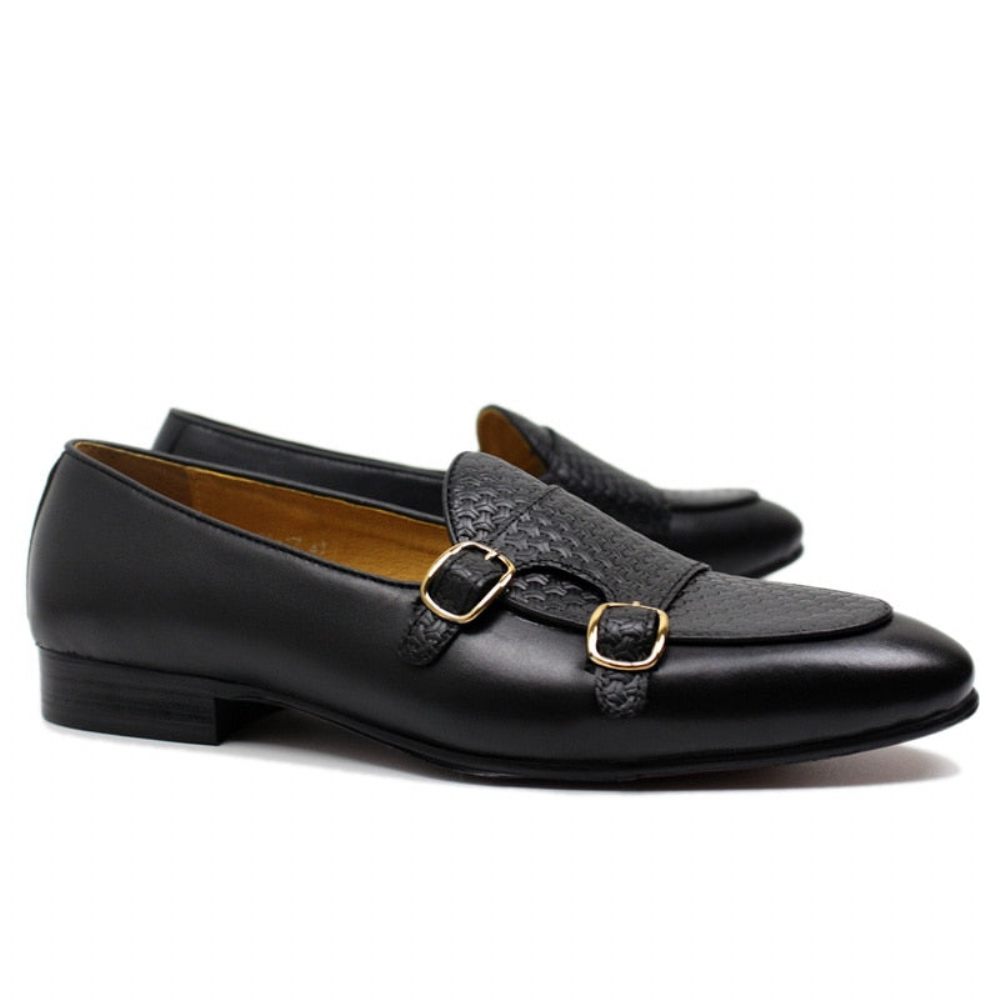 Mocassins Pour Hommes Mariage À Sangle Moine Cuir Suave - Noir