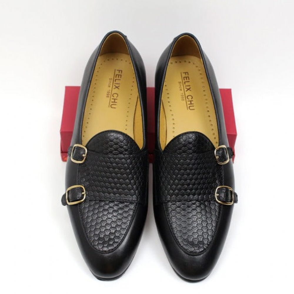 Mocassins Pour Hommes Mariage À Sangle Moine Cuir Suave - Noir