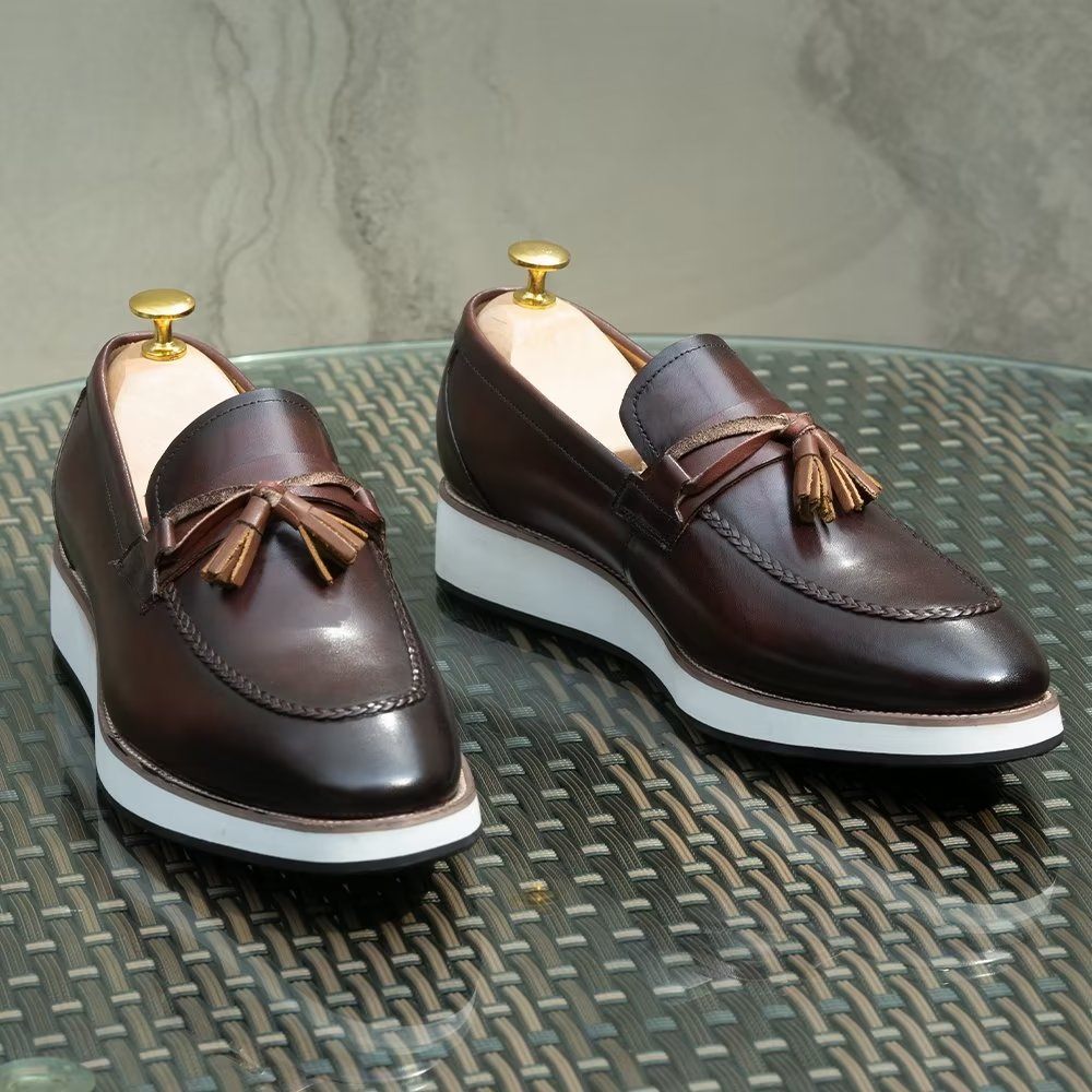 Mocassins Pour Hommes À Pampilles Élégants Cuir Luxe - Café