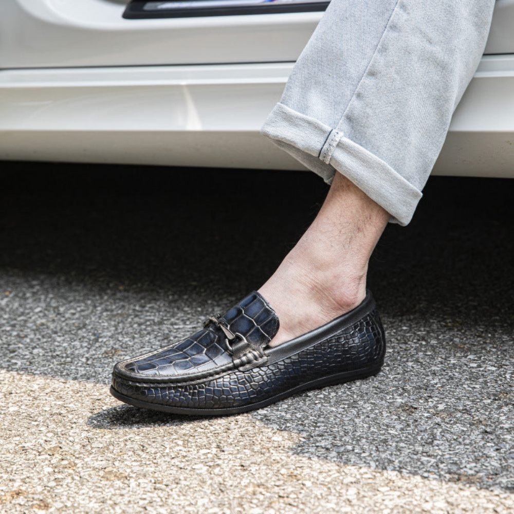 Mocassins Pour Hommes Penny Cuir À Imprimé Alligator Luxe - Bleu