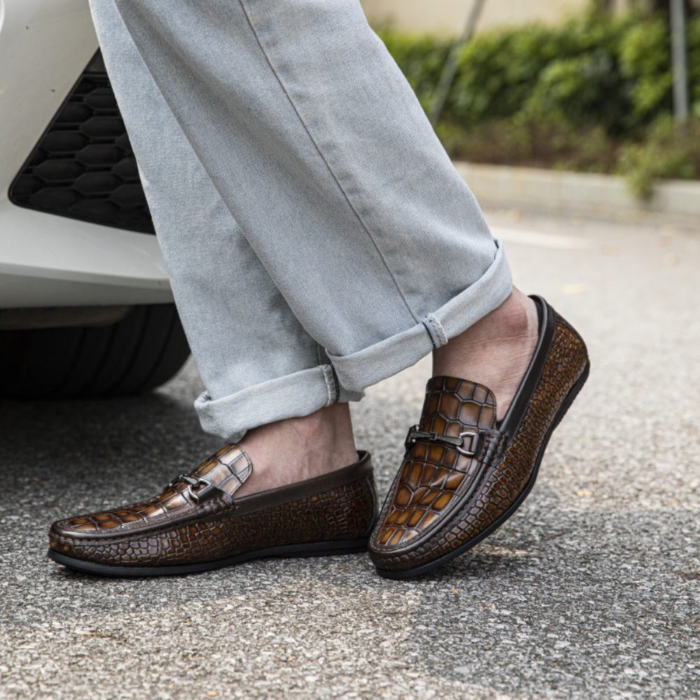 Mocassins Pour Hommes Penny Cuir À Imprimé Alligator Luxe - Marron