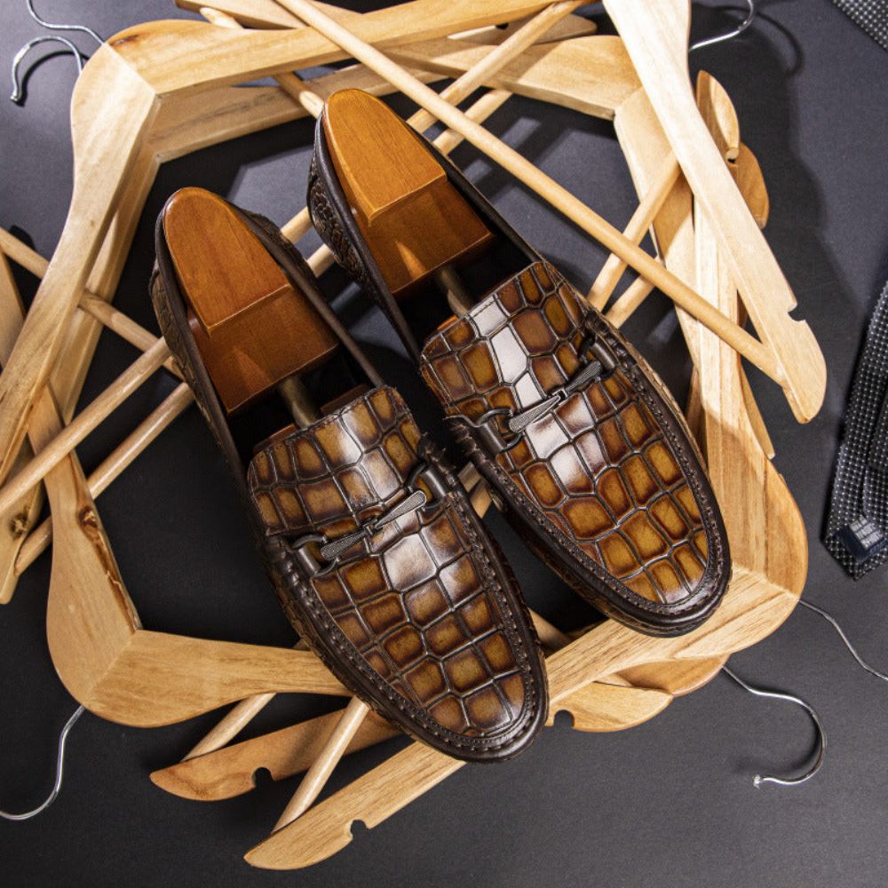 Mocassins Pour Hommes Penny Cuir À Imprimé Alligator Luxe - Marron