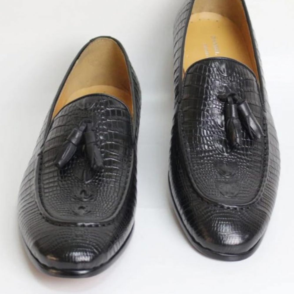 Mocassins Pour Hommes À Pompons Cuir Crocodile Luxe - Noir