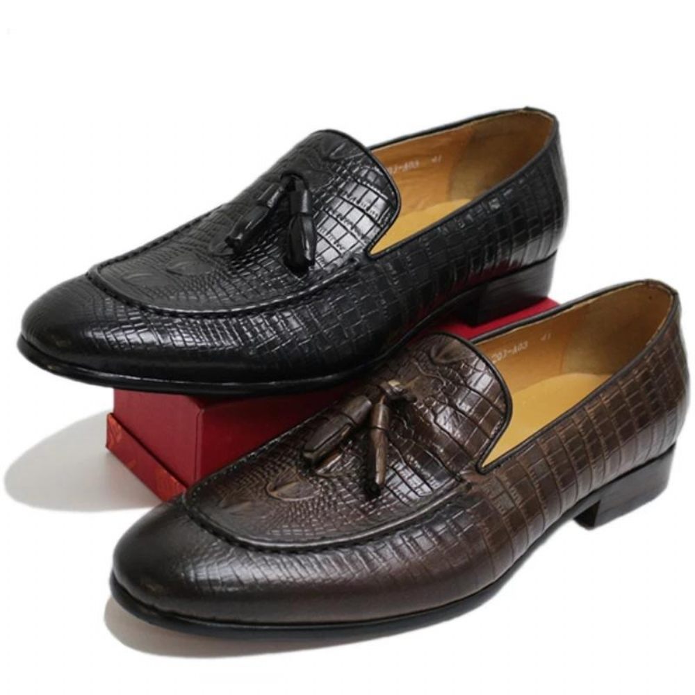 Mocassins Pour Hommes À Pompons Cuir Crocodile Luxe - Noir