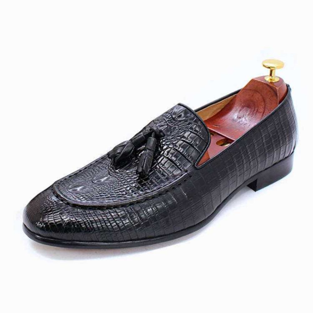 Mocassins Pour Hommes À Pompons Cuir Crocodile Luxe - Noir