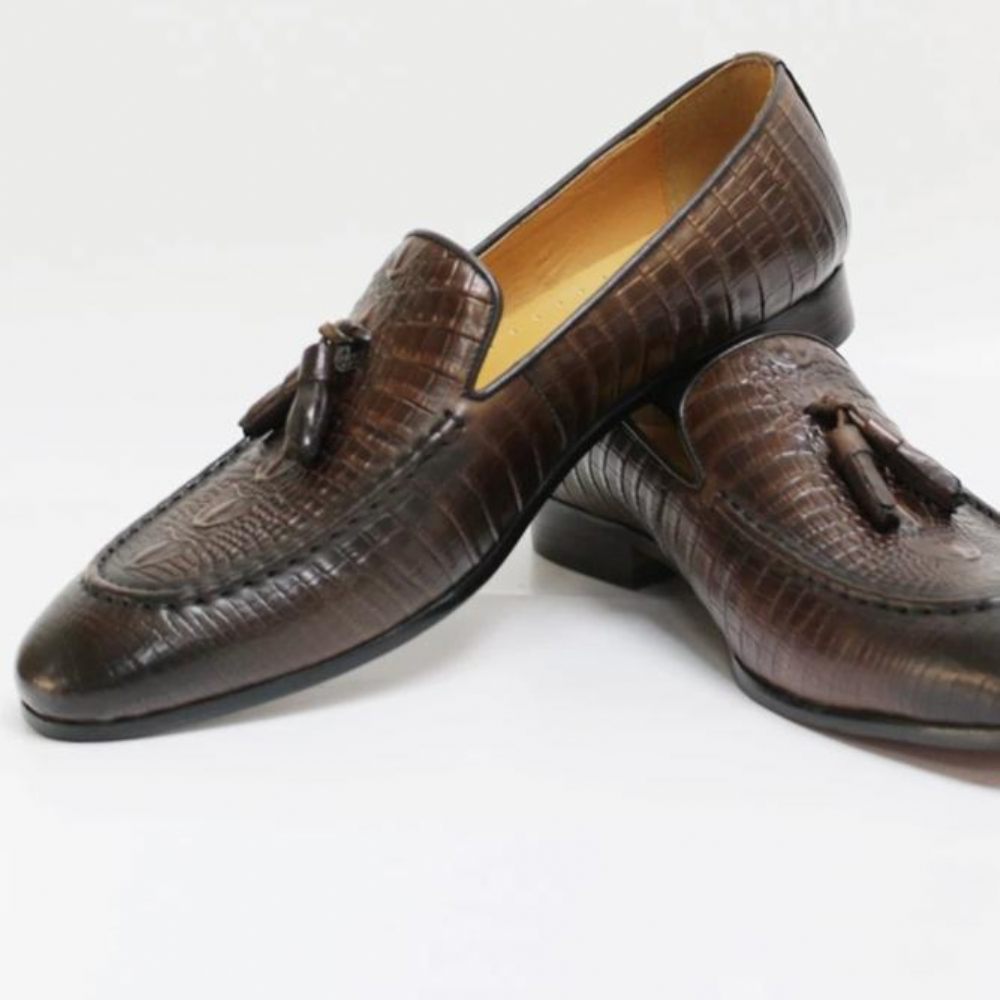 Mocassins Pour Hommes À Pompons Cuir Crocodile Luxe - Café