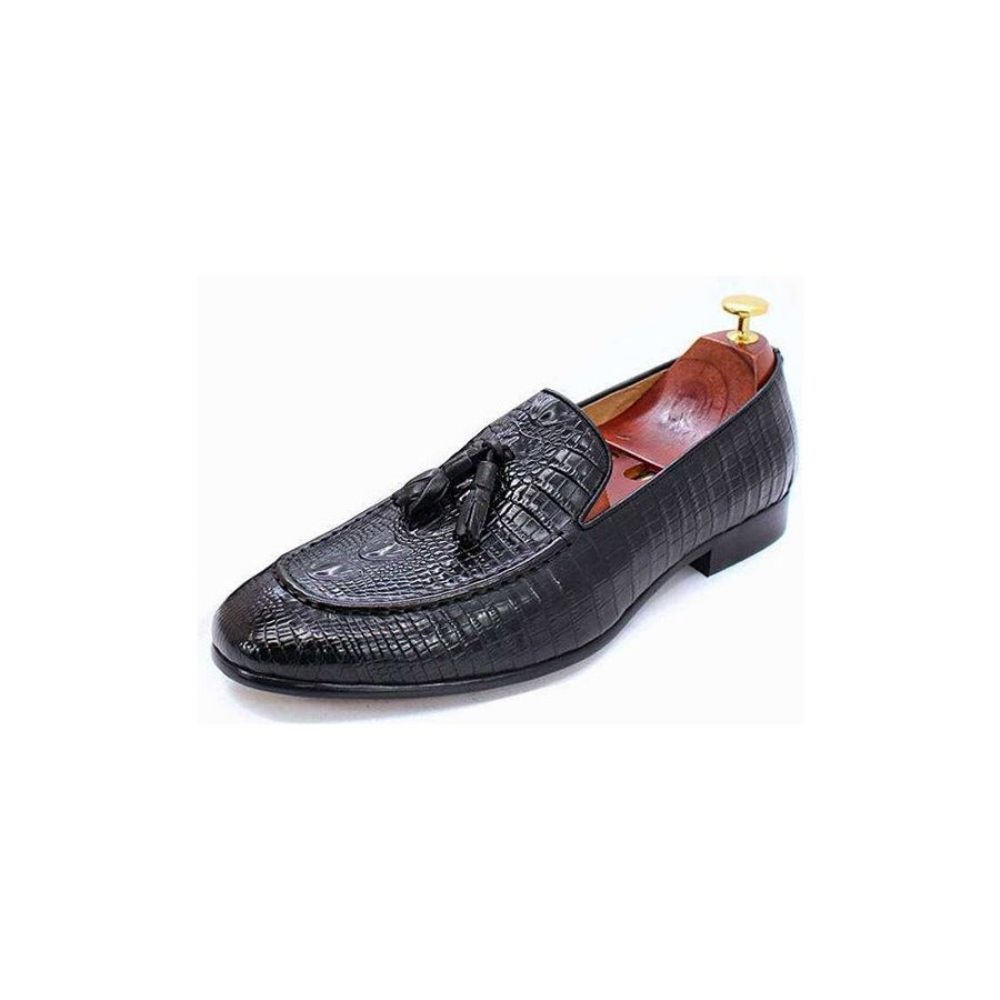 Mocassins Pour Hommes À Pompons Cuir Crocodile Luxe - Noir