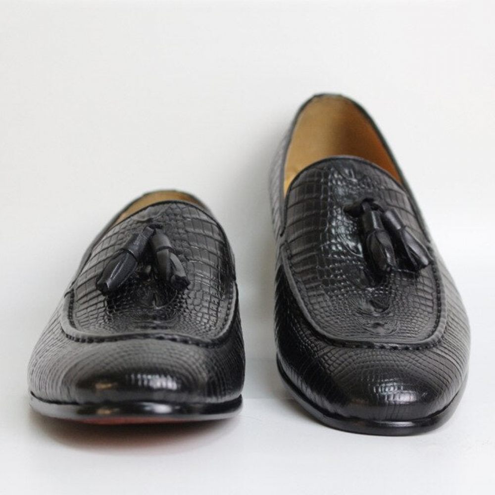 Mocassins Pour Hommes À Pompons Cuir Crocodile Luxe - Noir