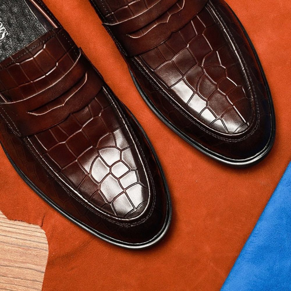 Mocassins Pour Hommes Richelieu À Enfiler Cuir Exotique - Rouge