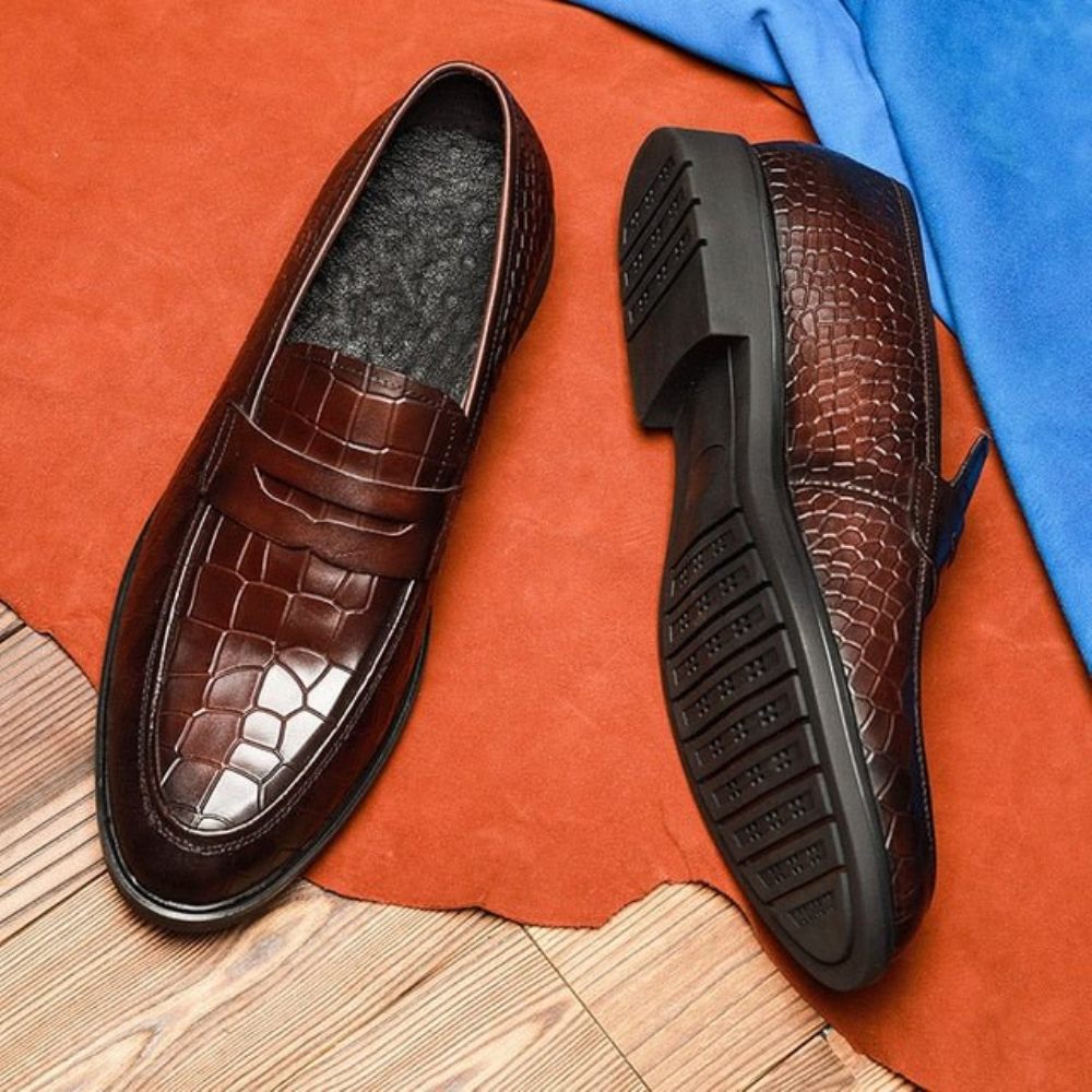 Mocassins Pour Hommes Richelieu À Enfiler Cuir Exotique - Rouge