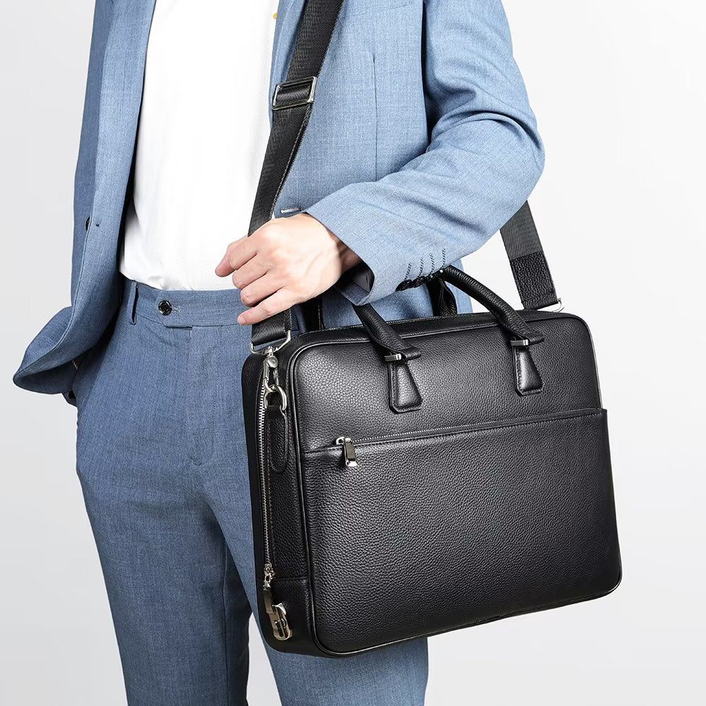 Porte-documents Pour Hommes D'affaires Exécutif À Double Compartiment Cuir Luxe - Noir