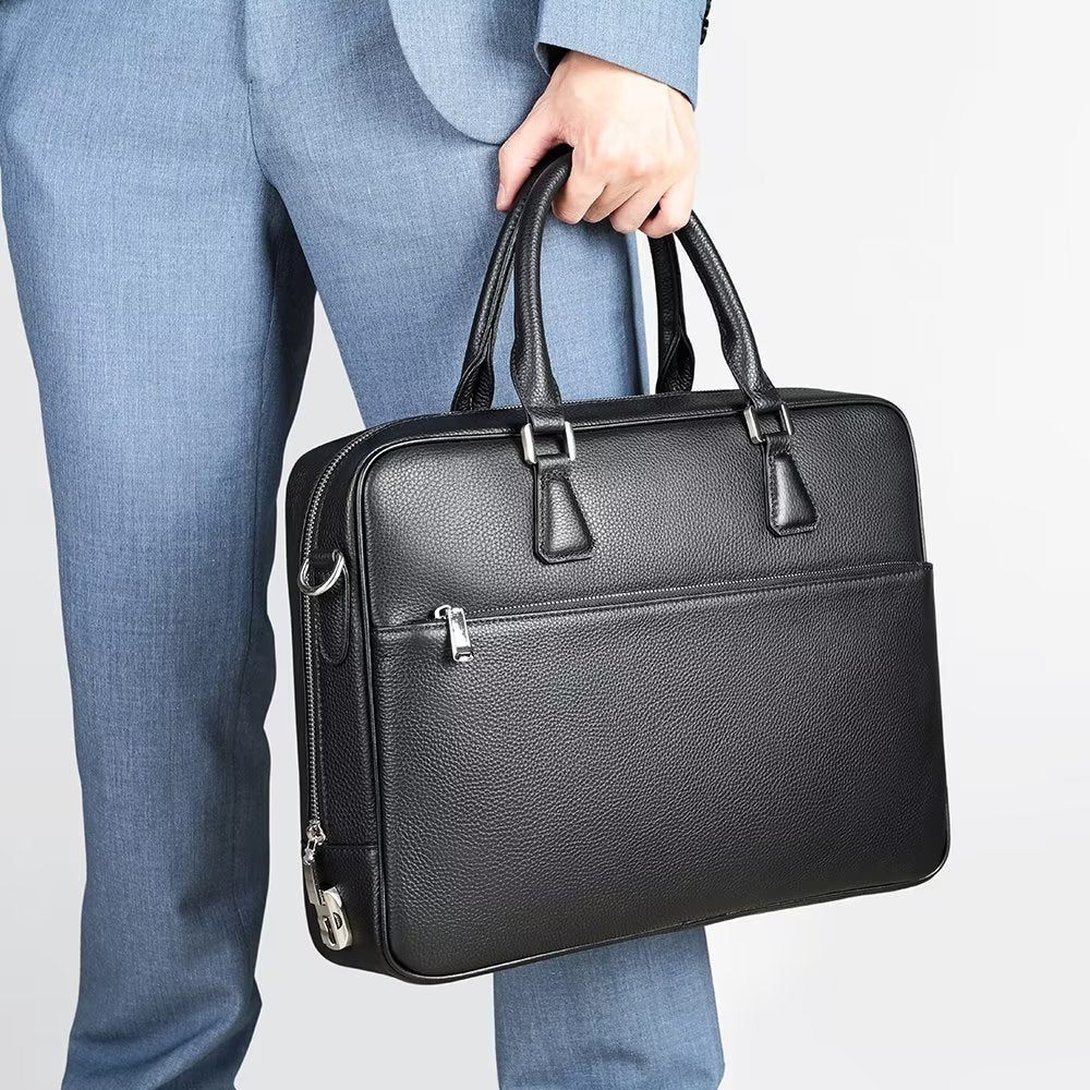 Porte-documents Pour Hommes D'affaires Exécutif À Double Compartiment Cuir Luxe - Noir