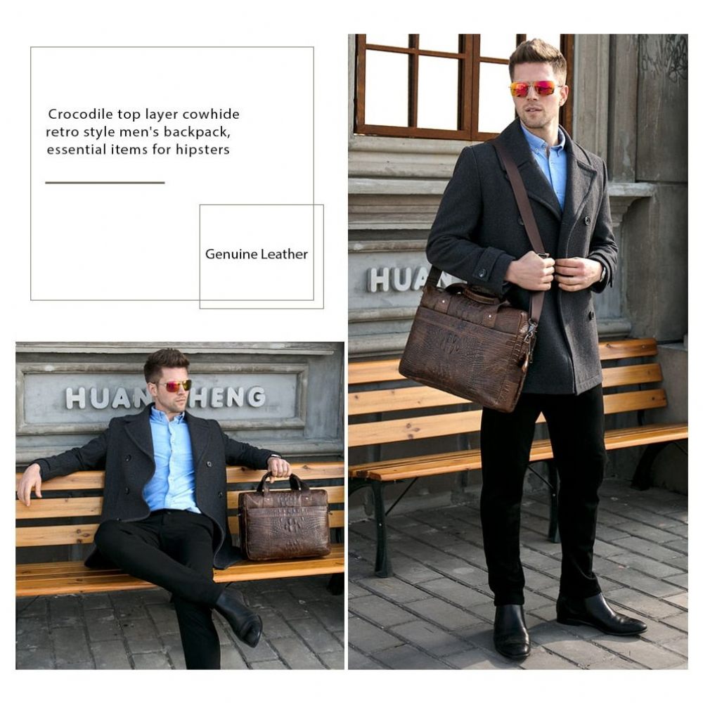 Porte-documents Pour Hommes Fourre-tout Bureau Cuir Crocodile Luxe Chic Et Portable - Café