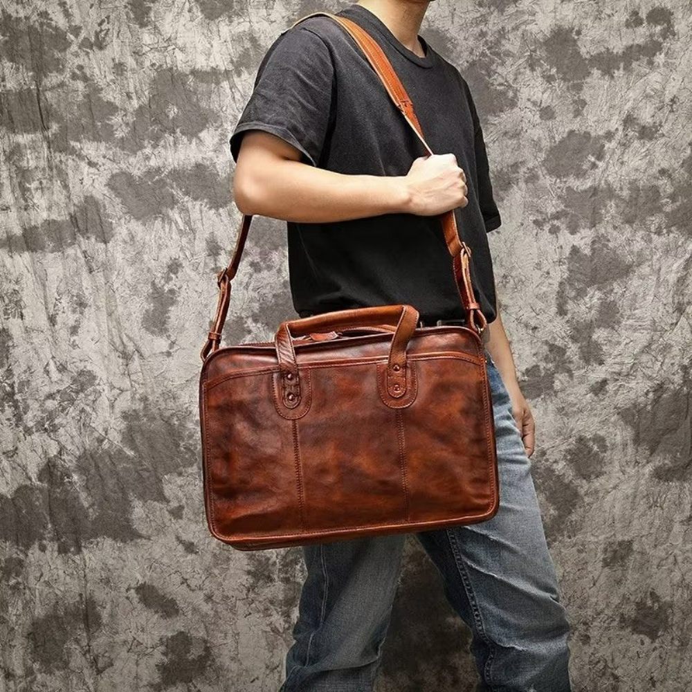 Porte-documents Pour Hommes Fourre-tout Voyage Peau Vache Sac À Main Luxe Élégant - Marron