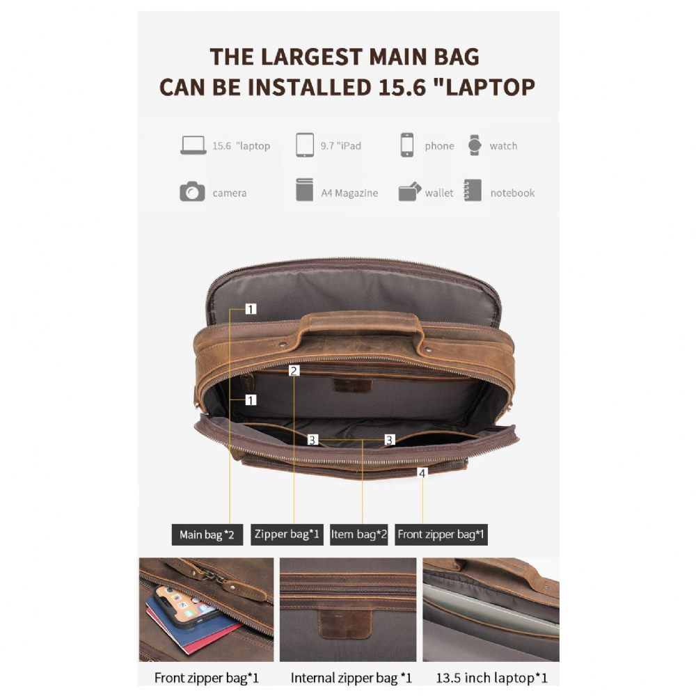 Porte-documents Pour Hommes Luxe Cuir Ordinateur Portable Avec Poignée Souple - Marron