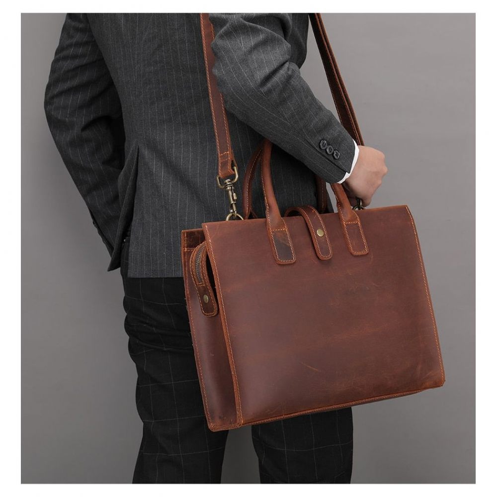 Porte-documents Pour Hommes Mallette D'affaires Cuir Ordinateur Portable - Café