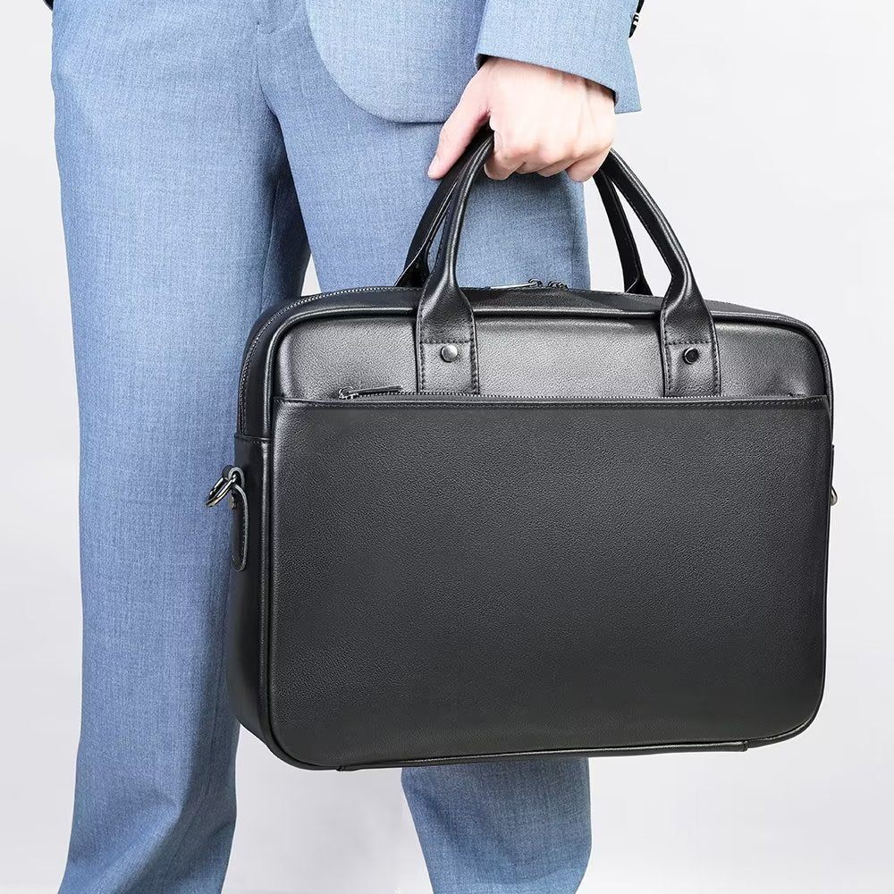 Porte-documents Pour Hommes Mallette D'affaires À Double Compartiment Cuir Luxe - Noir