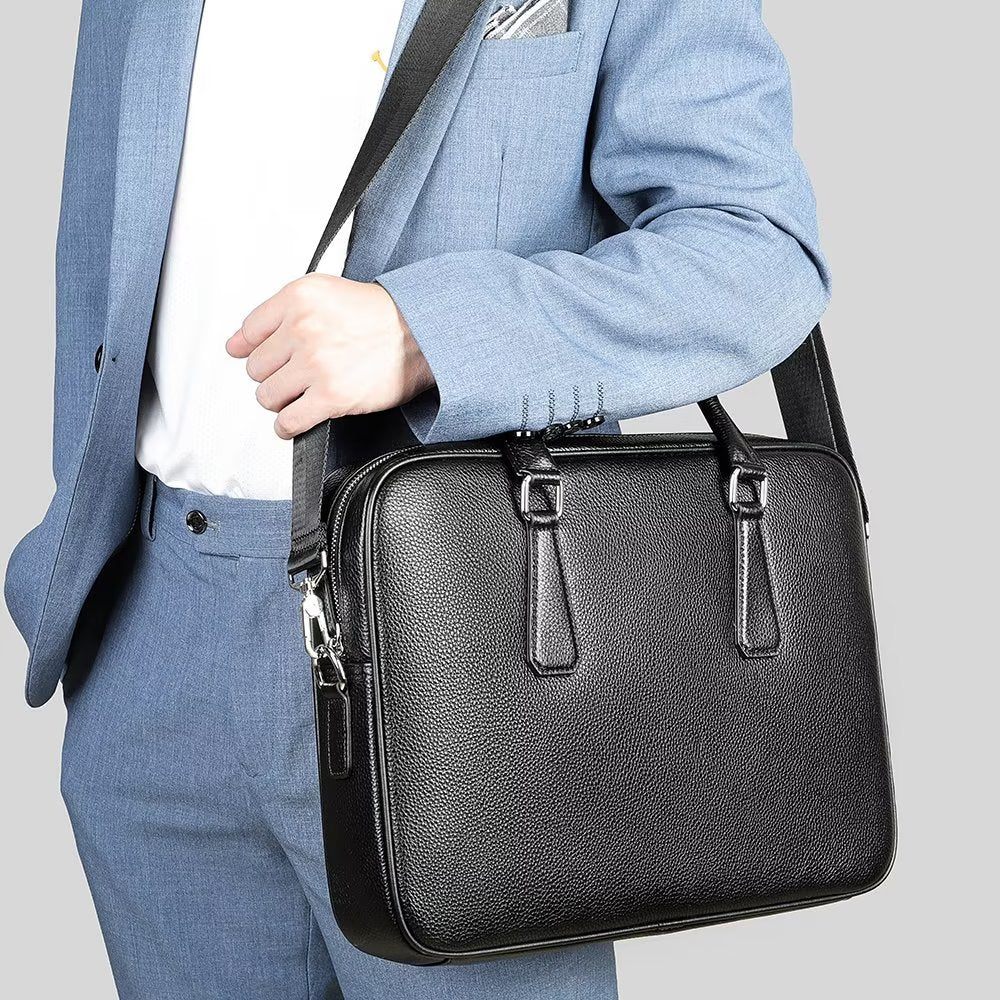 Porte-documents Pour Hommes Mallette D'affaires Technique À Double Compartiment Cuir Luxe - Noir