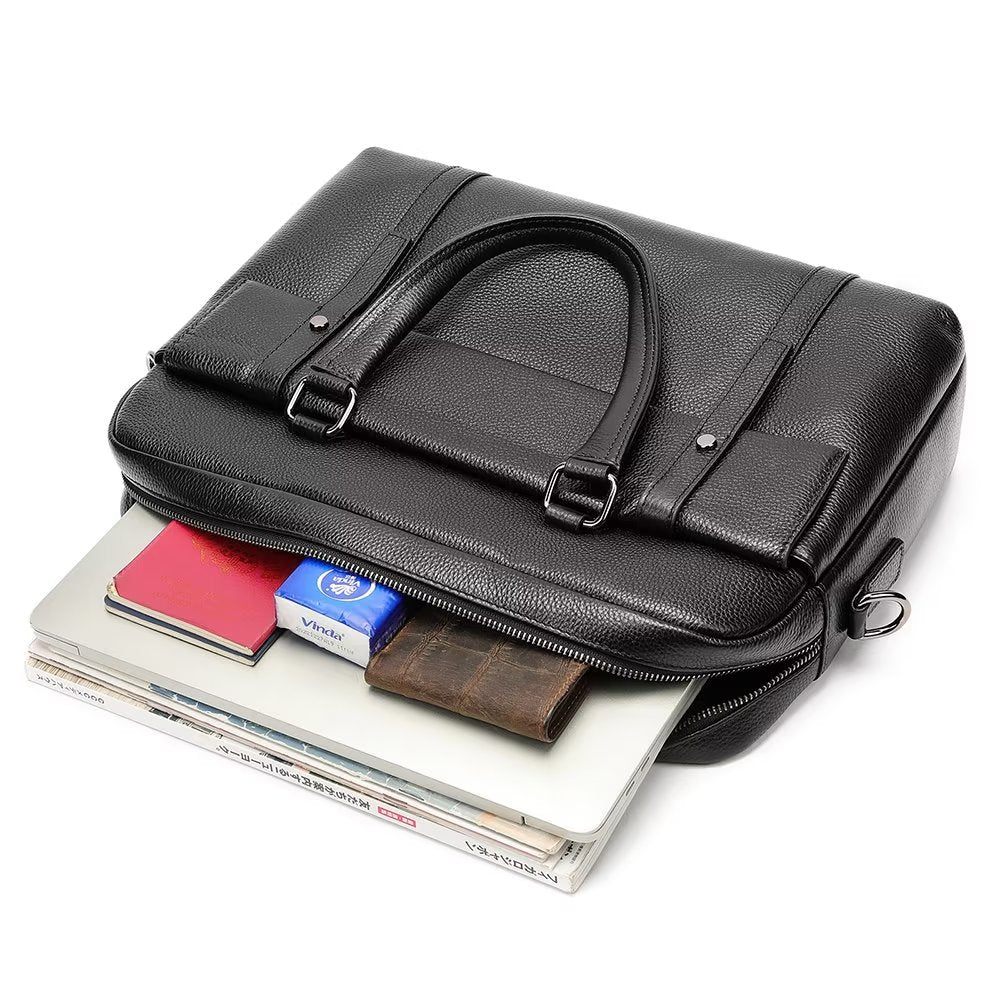 Porte-documents Pour Hommes Organisateur Luxe Cuir À Double Compartiment Mallette D'affaires - Noir