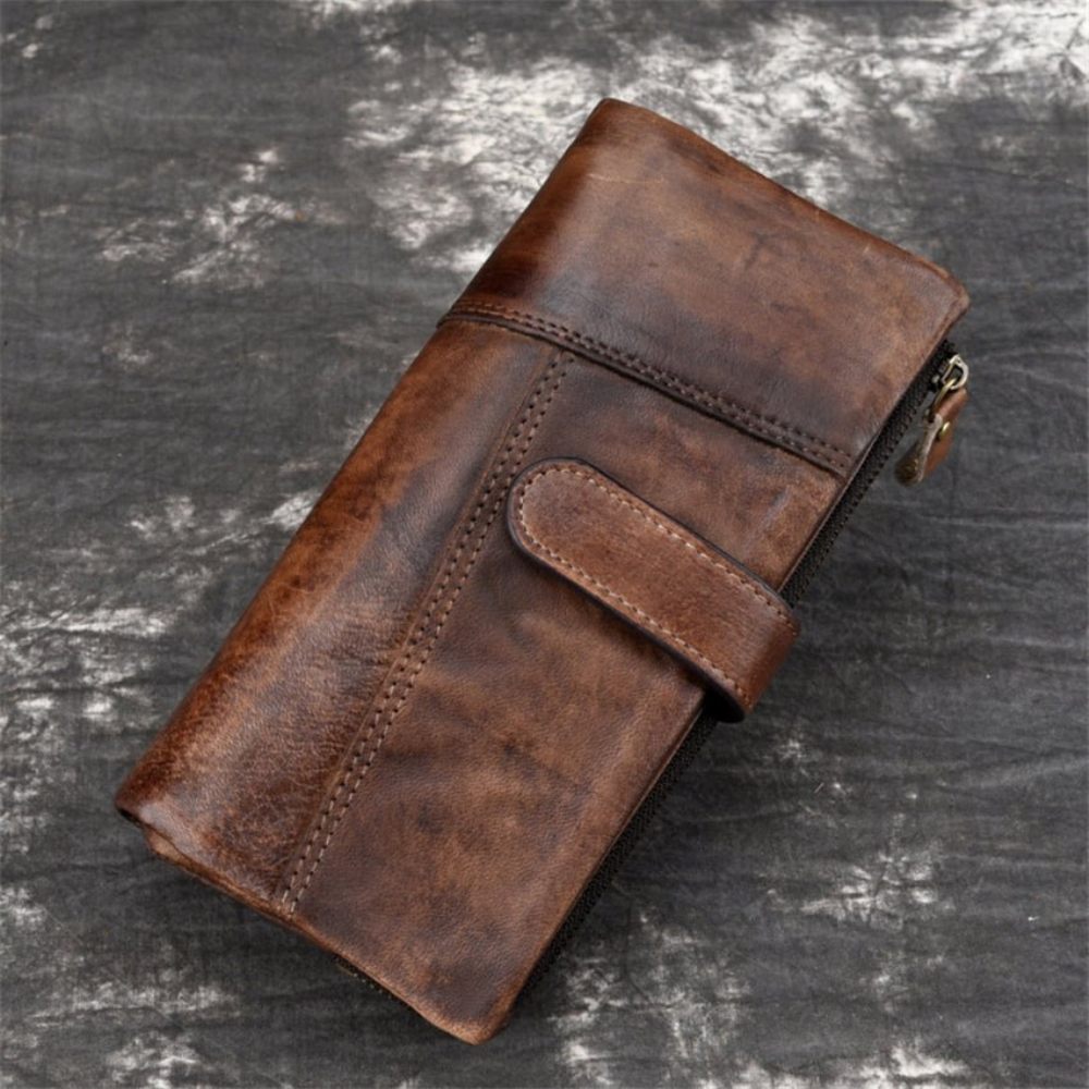 Portefeuilles Pour Hommes Portefeuille Long Luxe Cuir Vintage Rfid - Café