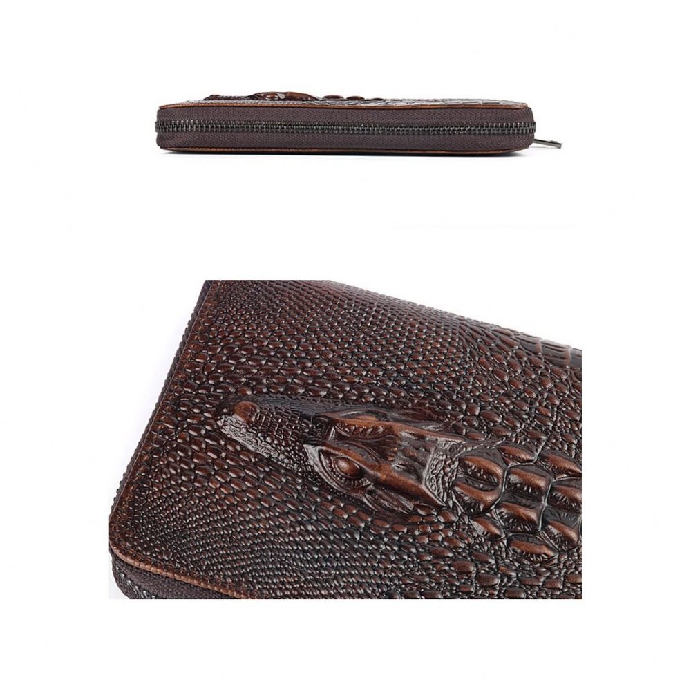 Portefeuilles Pour Hommes Portefeuille À Longue Pochette Cuir Crocodile Vintage - Café 2