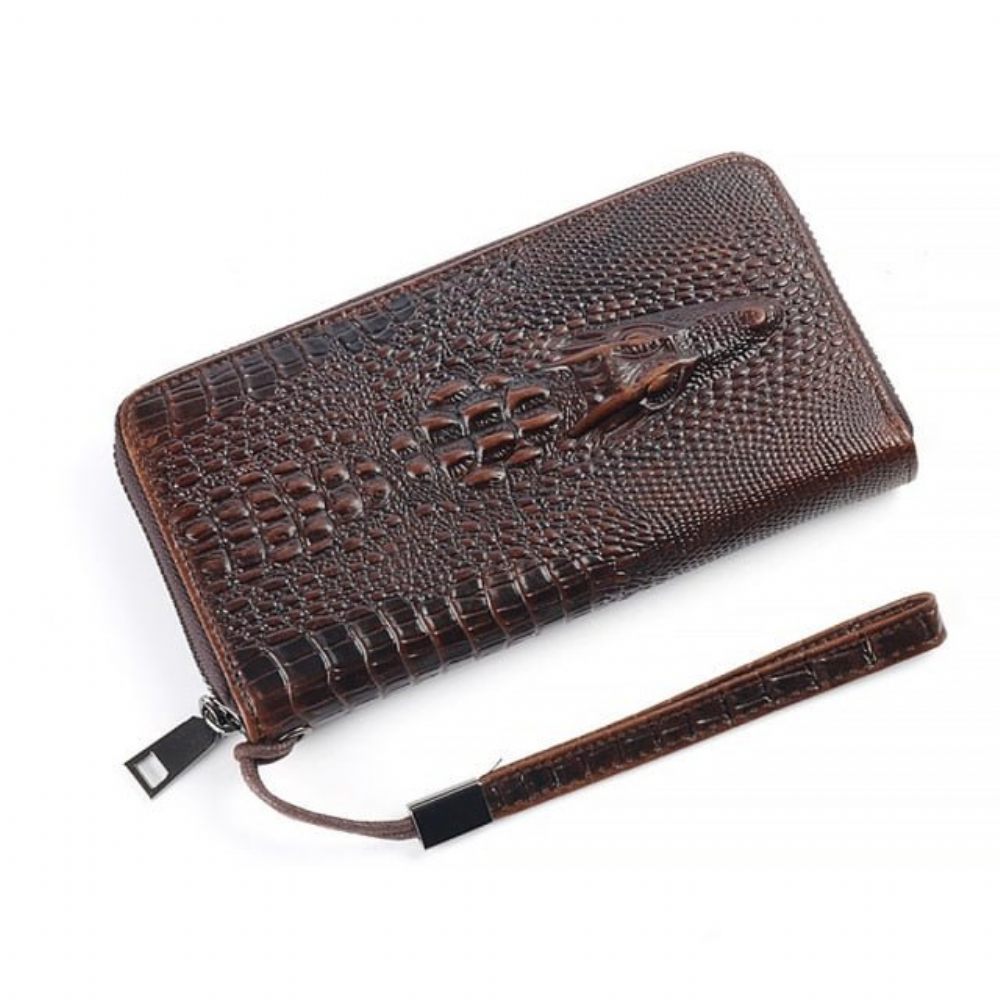 Portefeuilles Pour Hommes Portefeuille À Longue Pochette Cuir Crocodile Vintage - Café 2