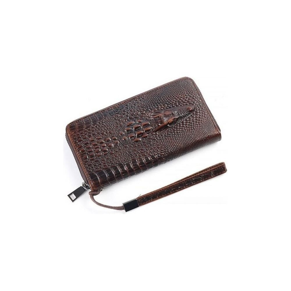 Portefeuilles Pour Hommes Portefeuille À Longue Pochette Cuir Crocodile Vintage - Café 2