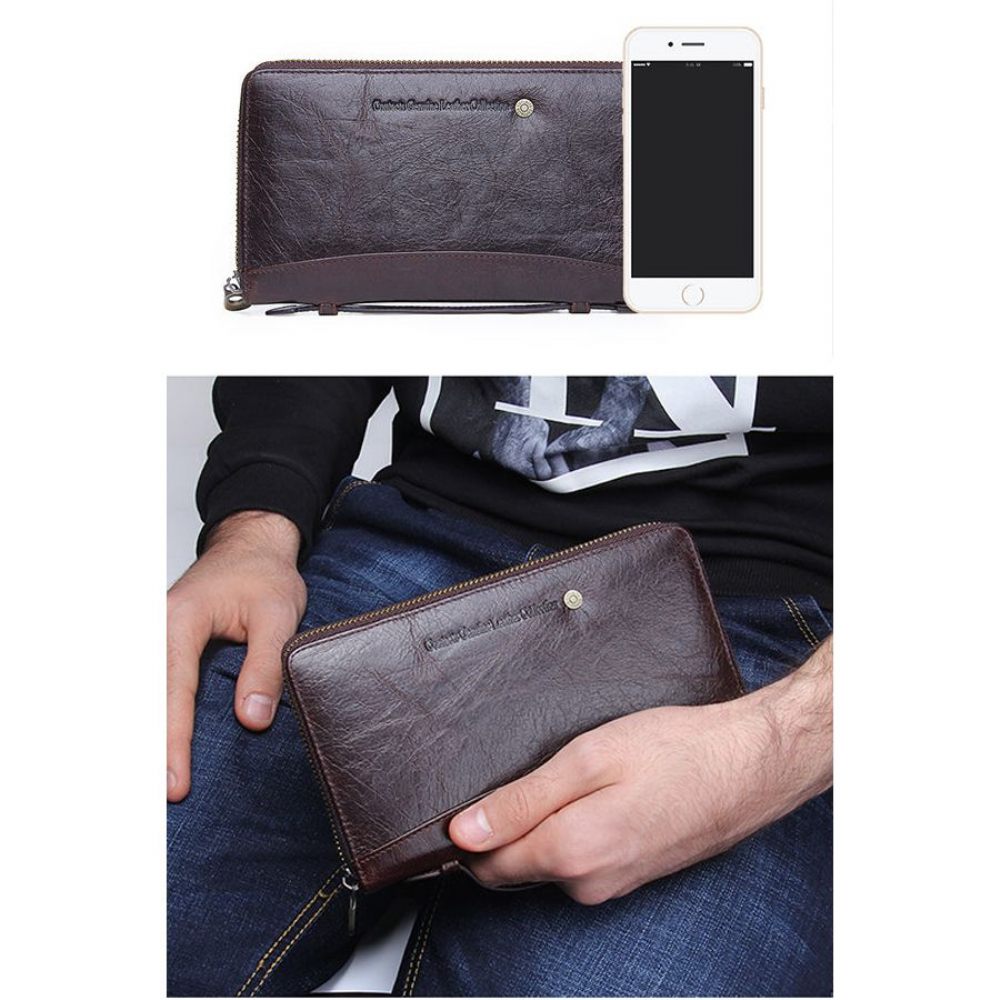 Portefeuilles Pour Hommes Portefeuille Luxe Vintage Peau Vache À Longue Pochette - Café