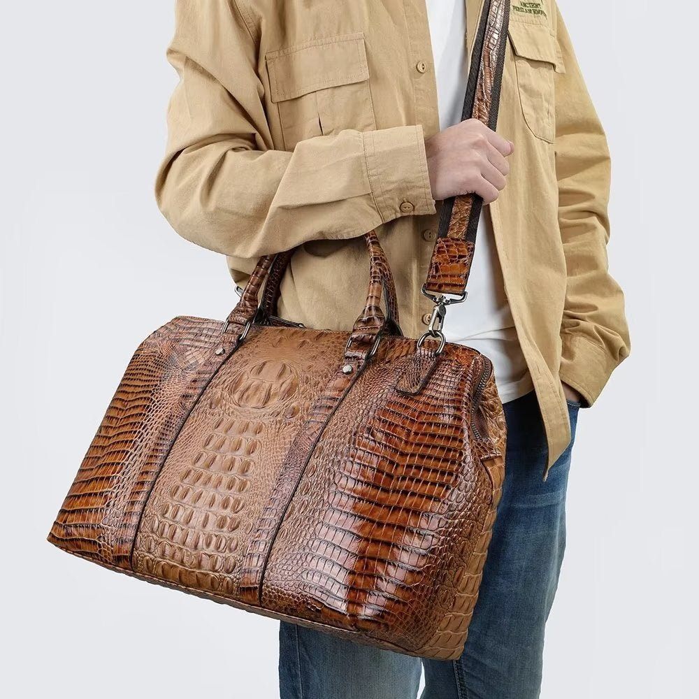 Sacs À Bandoulière Pour Hommes Duffle Voyage Cuir Crocodile Exotique - Café