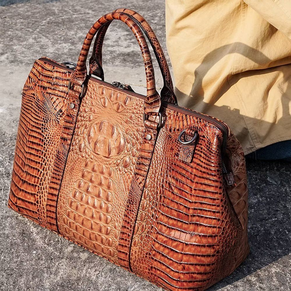 Sacs À Bandoulière Pour Hommes Duffle Voyage Cuir Crocodile Exotique - Café