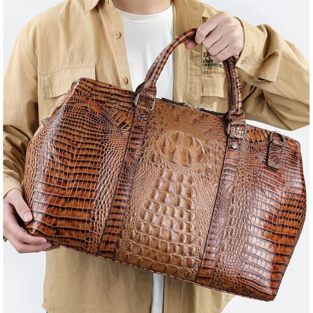 Sacs À Bandoulière Pour Hommes Duffle Voyage Cuir Crocodile Exotique - Café