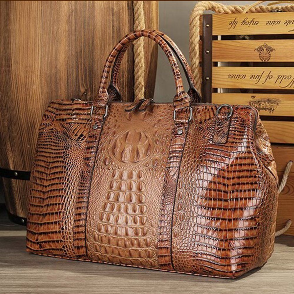 Sacs À Bandoulière Pour Hommes Duffle Voyage Cuir Crocodile Exotique - Café