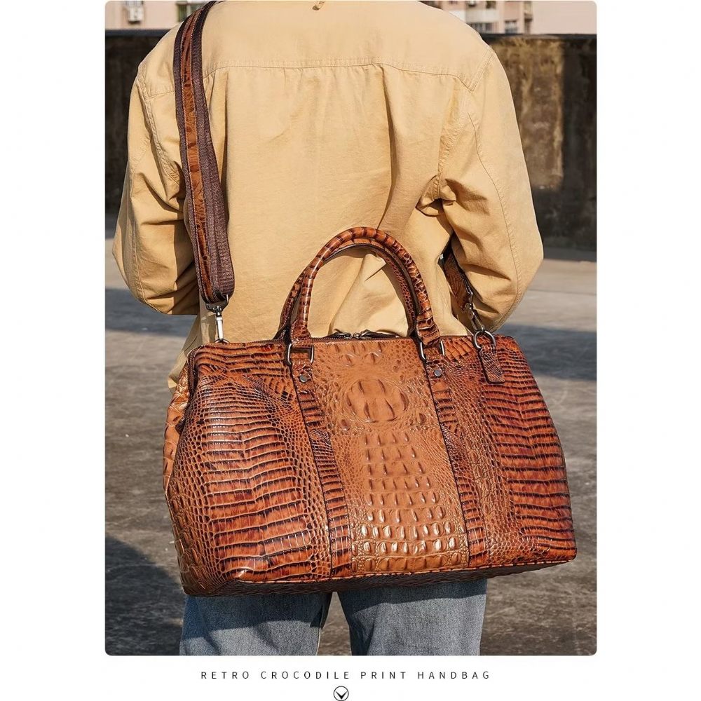 Sacs À Bandoulière Pour Hommes Duffle Voyage Cuir Crocodile Exotique - Café