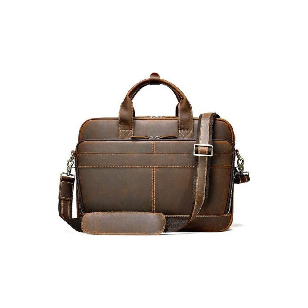 Sacs À Bandoulière Pour Hommes Porte-documents Luxe Cuir Avec Fermeture Éclair Ordinateur Portable - Café