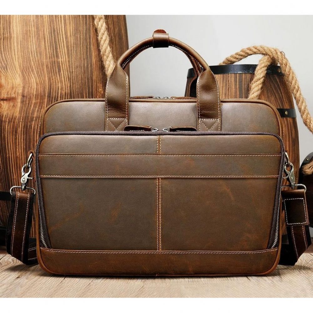 Sacs À Bandoulière Pour Hommes Porte-documents Luxe Cuir Avec Fermeture Éclair Ordinateur Portable - Café