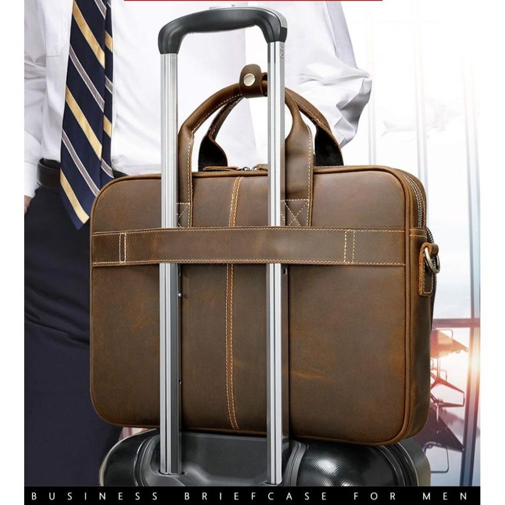 Sacs À Bandoulière Pour Hommes Porte-documents Luxe Cuir Avec Fermeture Éclair Ordinateur Portable - Café