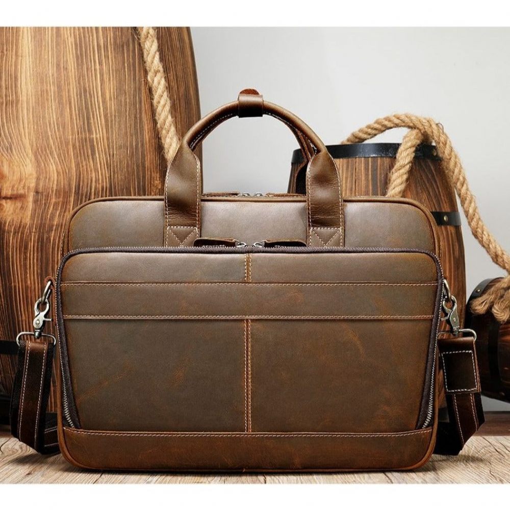 Sacs À Bandoulière Pour Hommes Porte-documents Luxe Cuir Avec Fermeture Éclair Ordinateur Portable - Café