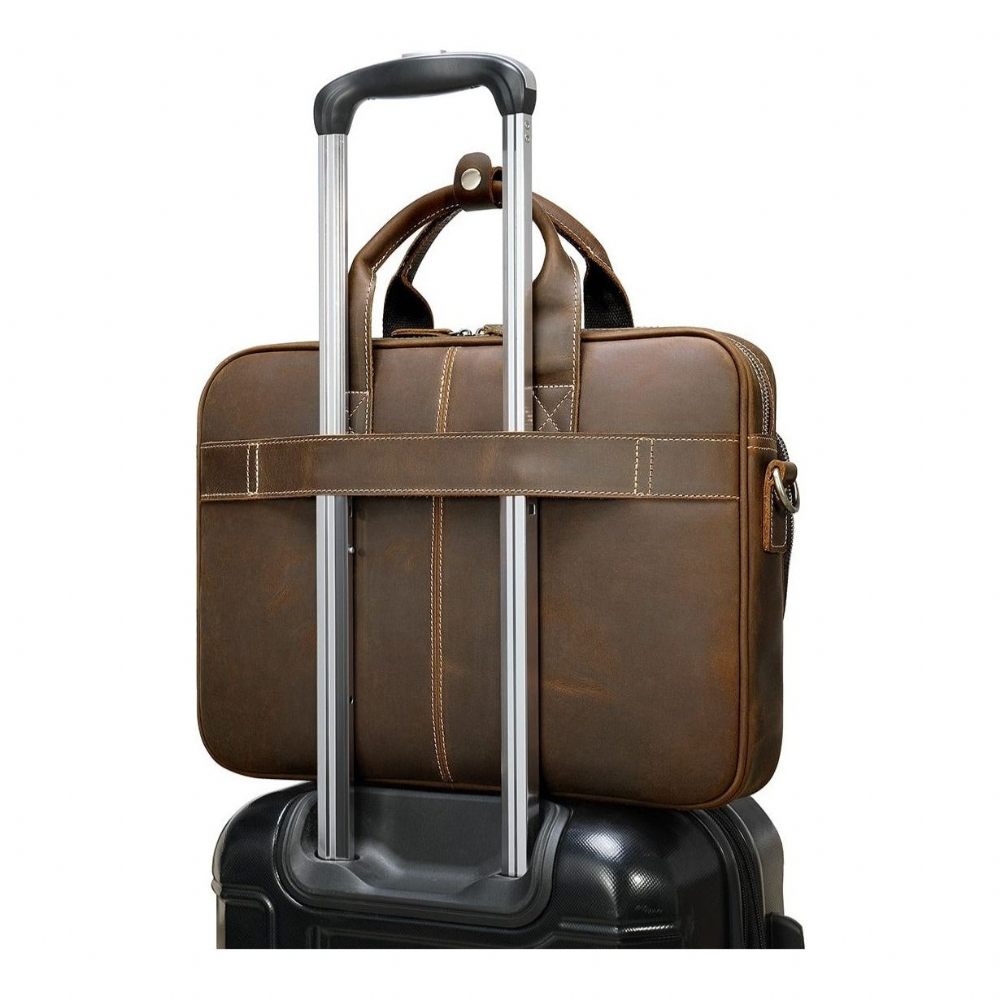 Sacs À Bandoulière Pour Hommes Porte-documents Luxe Cuir Avec Fermeture Éclair Ordinateur Portable - Café