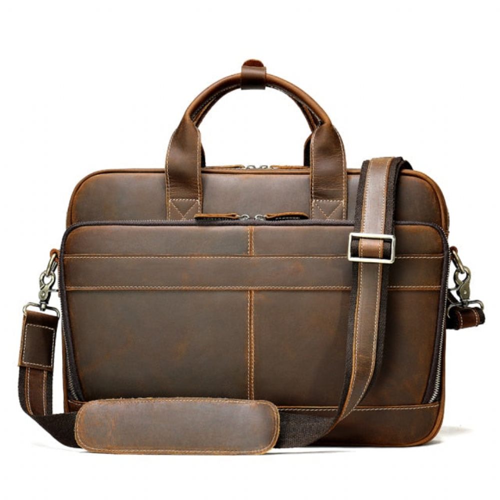 Sacs À Bandoulière Pour Hommes Porte-documents Luxe Cuir Avec Fermeture Éclair Ordinateur Portable - Café