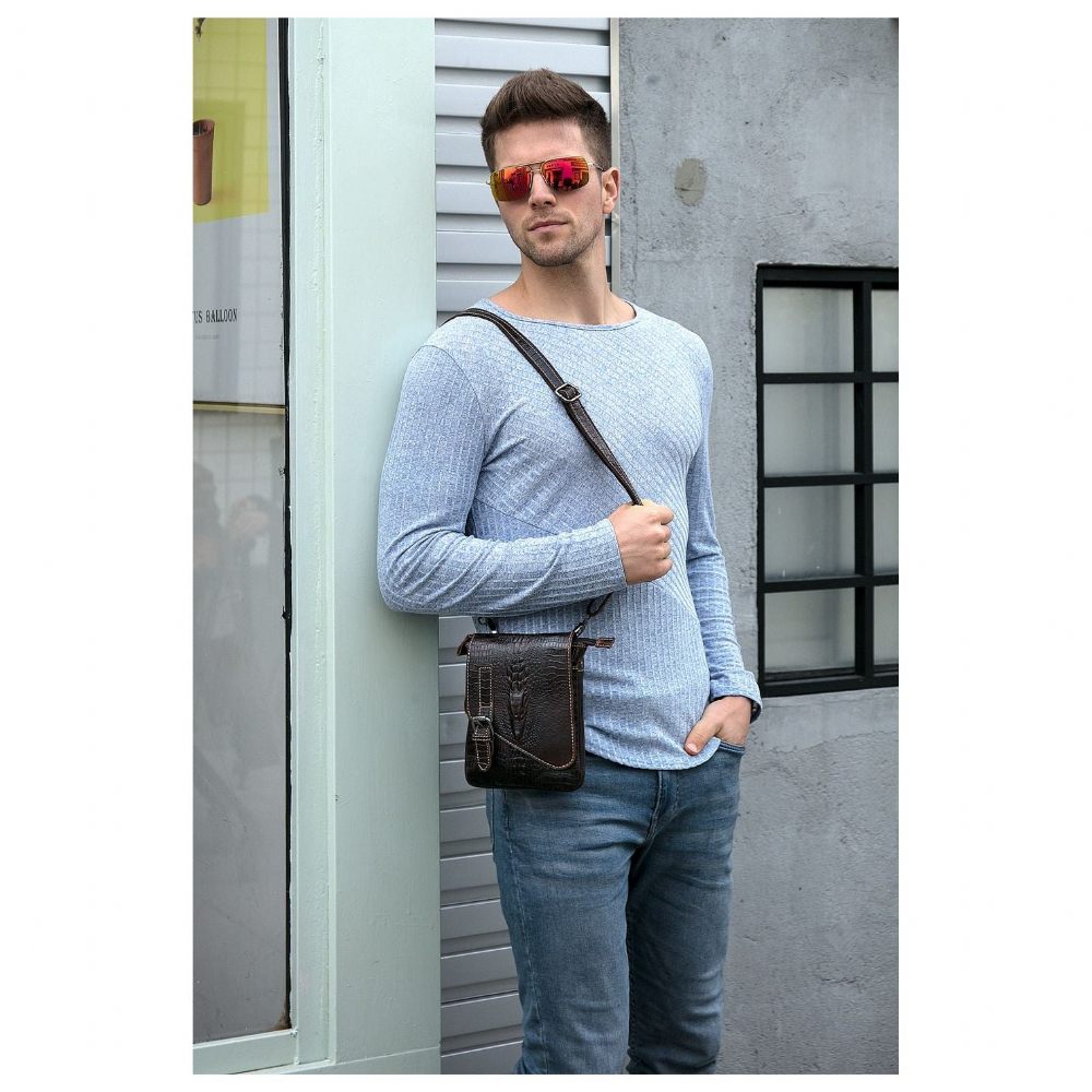 Sacs À Bandoulière Pour Hommes Sac Banane Voyage Cuir Motif D'alligator Luxe - Café