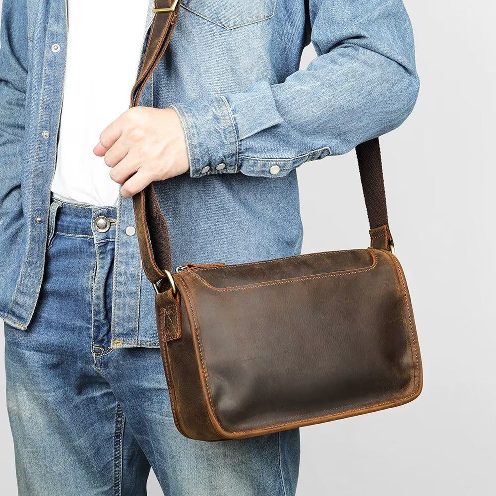 Sacs À Bandoulière Pour Hommes Sac Classique Rabat Cuir Véritable Luxe - Café