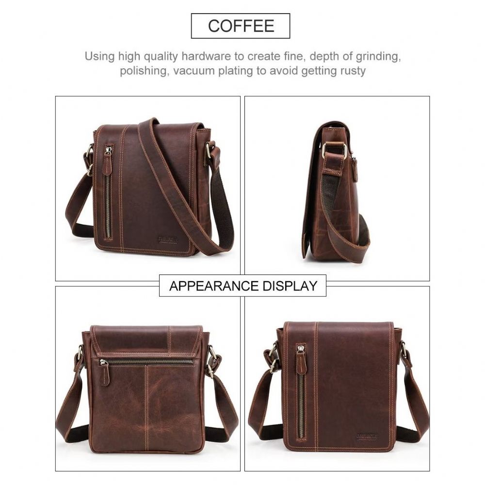 Sacs À Bandoulière Pour Hommes Sac Compact Rabat Cuir Luxe - Café