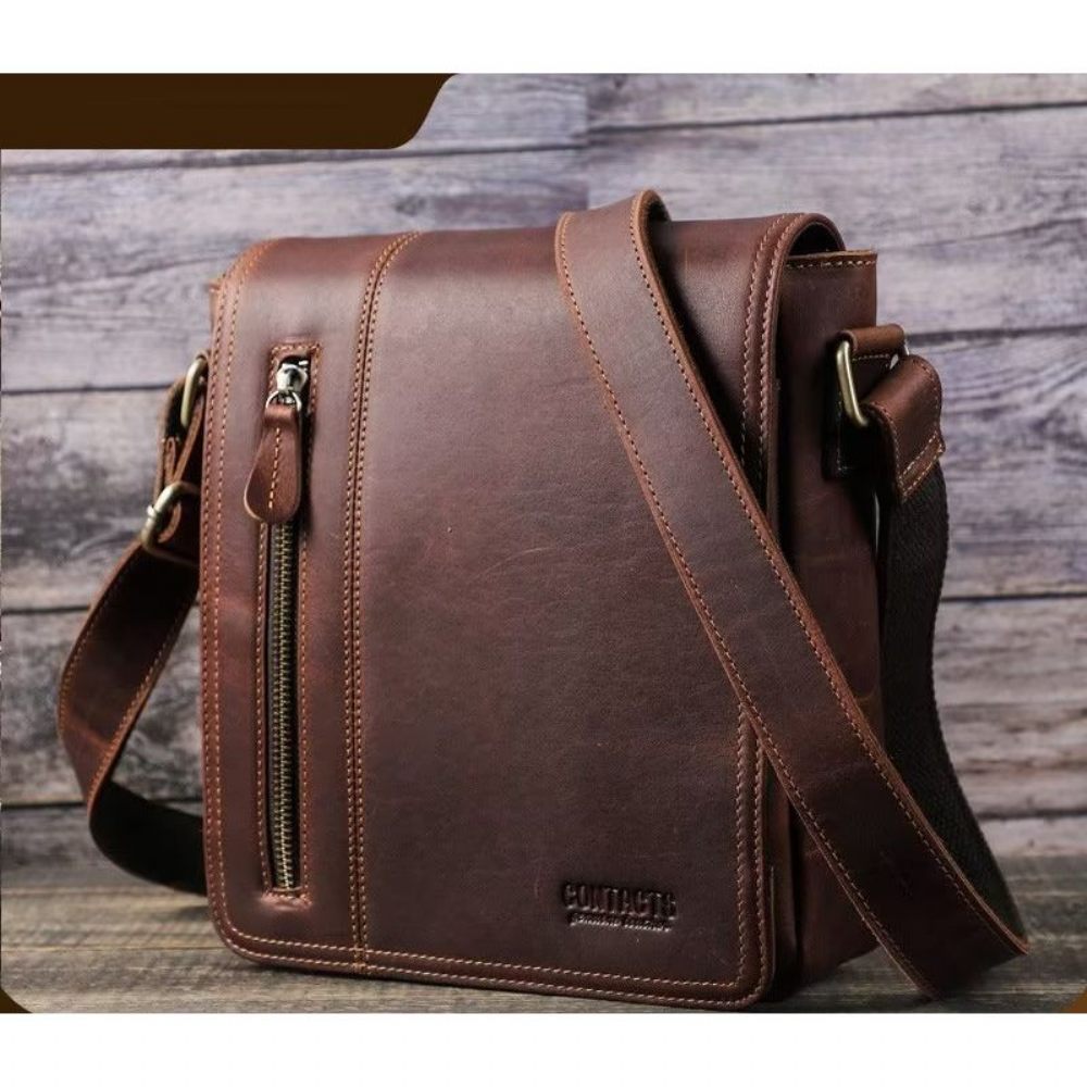 Sacs À Bandoulière Pour Hommes Sac Compact Rabat Cuir Luxe - Café